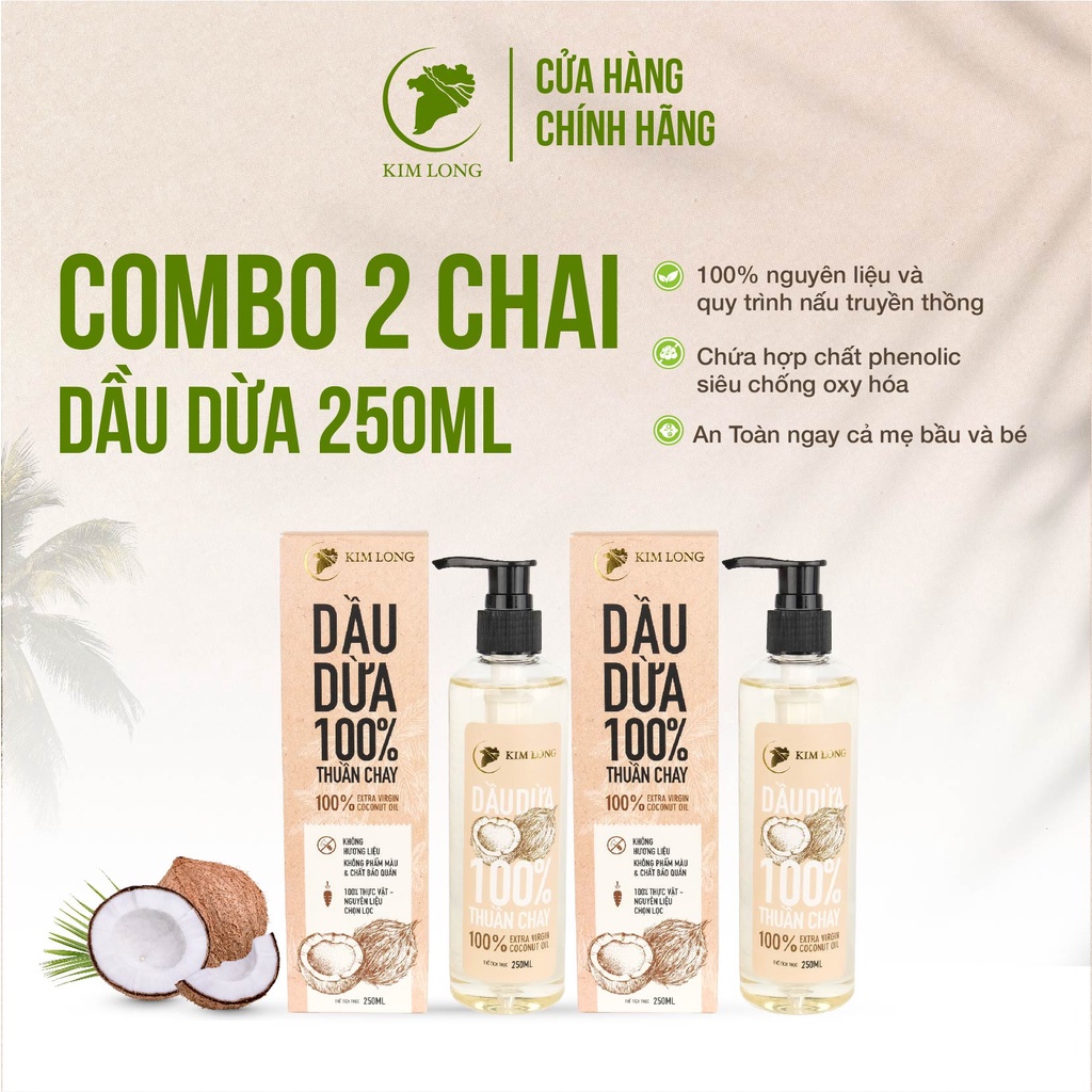 Combo 2 Chai Dầu Dừa Truyền Thống Kim Long Tinh Khiết Thuần Chay, Hỗ Trợ Dưỡng Da, Dưỡng Tóc, Dưỡng Môi