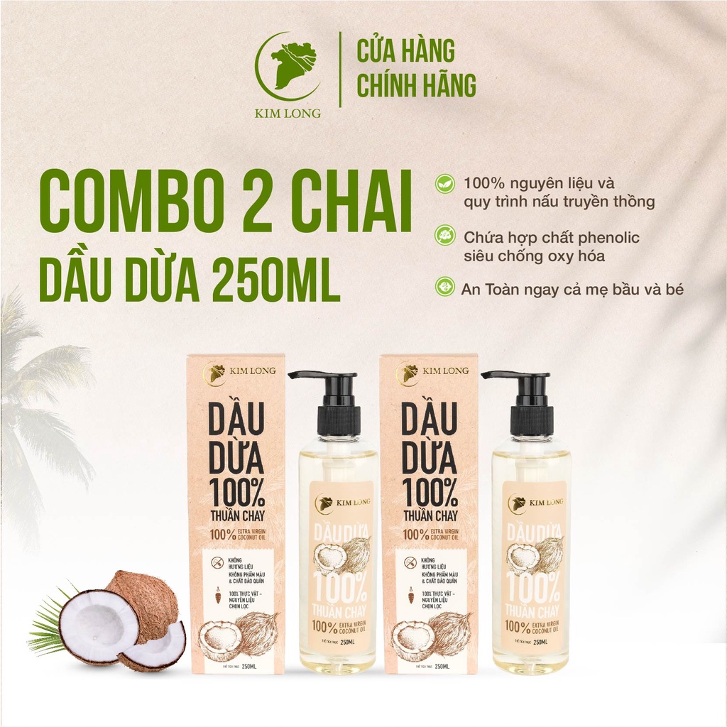 [250ml x 2] Combo 2 Chai Dầu Dừa Truyền Thống Kim Long Tinh Khiết Thuần Chay, Hỗ Trợ Dưỡng Da, Dưỡng Tóc, Dưỡng Môi