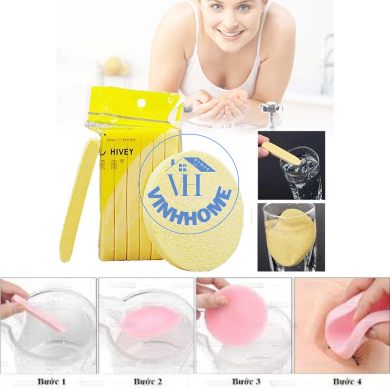 Set 12 bông mút rửa mặt Chivey, bọt biển tẩy trang làm sạch da dạng nén dễ dàng sử dụng