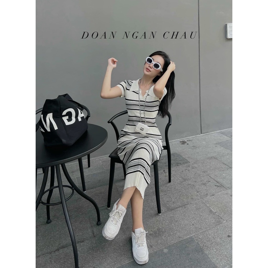 Đầm len kẻ đen nhỉ dáng ôm body cổ bẻ Quảng Châu dài 110cm