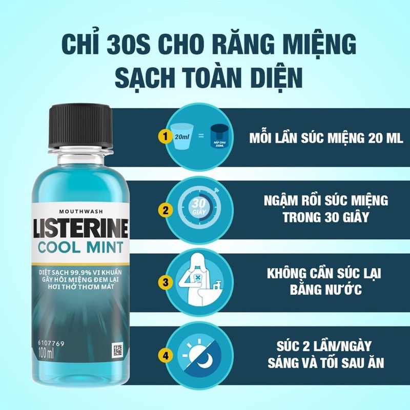 Nước Súc Miệng LISTERINE 100ML Cool Mint, Zero Alcohol, diệt khuẩn bảo vệ răng miệng, giữ hơi thở thơm mát