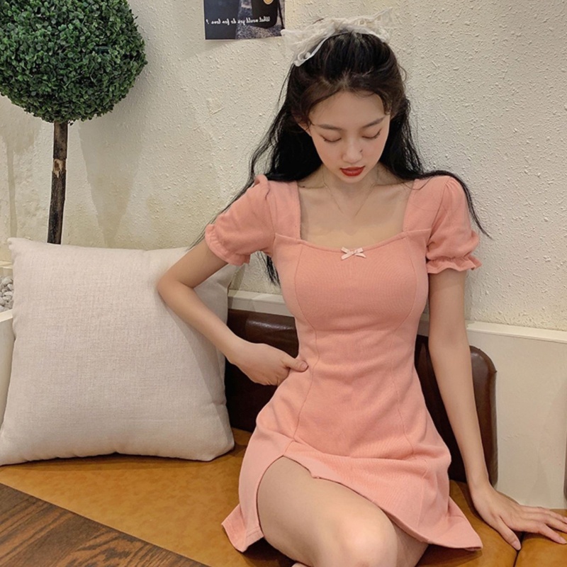 Đầm Mini Cổ Vuông Tay Phồng Ôm Dáng Thời Trang Dành Cho Nữ