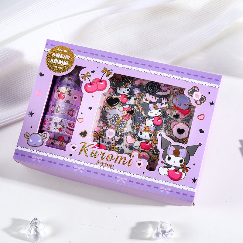 SANRIO Hộp Quà 6 Cuộn 8 Tờ Nhãn Dán Kuromi Cinnamoroll Washi DIY Trang Trí Sổ Lưu Niệm
