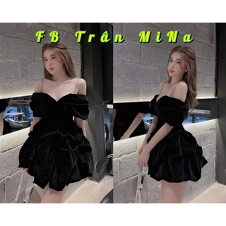 Đầm nhung đen 2s rớt xoè phồng xếp