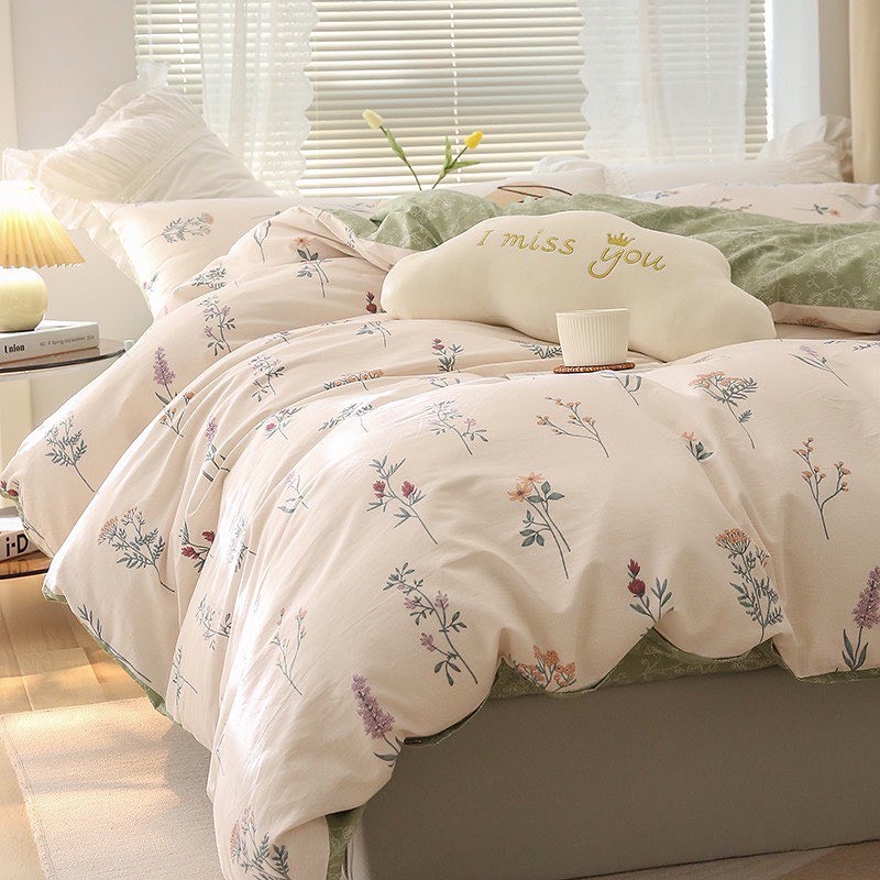 Bộ chăn ga và vỏ gối cotton living cao cấp Mùa Decor - Hoa Lavender tone xanh
