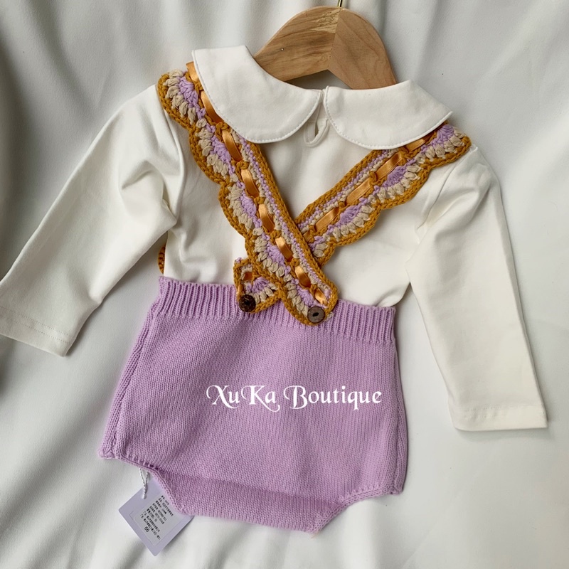Yếm Len Bé Gái Màu tTím [Xuka Boutique] Bộ quần áo Len màu tím và áo thun cổ sen siêu xinh cho bé | Hàng QC Cao Cấp