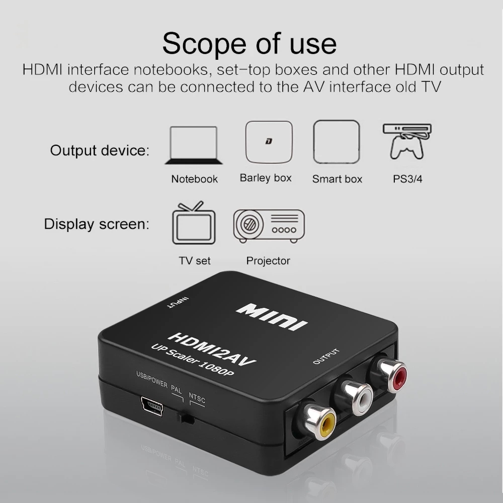 Mini HDMI to AV HDMI 2AV HD Video Converter / Multi-resolution Support Up to 1080P / NTSC PAL Dual Standard Free Switching