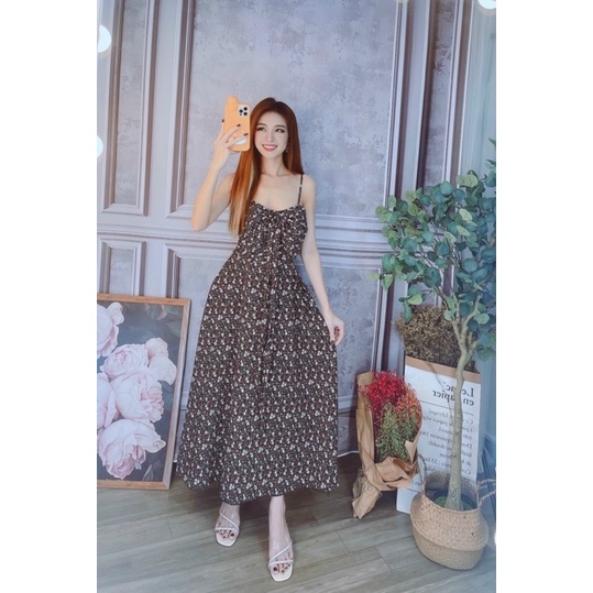 Đầm maxi hai dây dáng dài phối nơ ngực siêu dễ thương hình thật