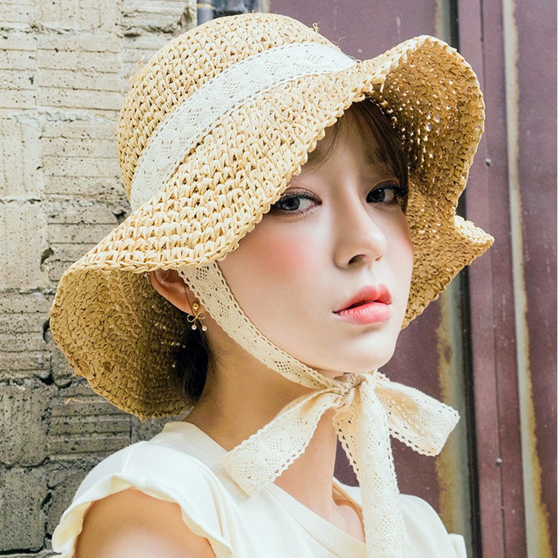 Mũ Cói Rộng Vành Thắt Dây Xinh Xắn Thời Trang Hè Phong Cách Hàn Quốc Cho Nữ