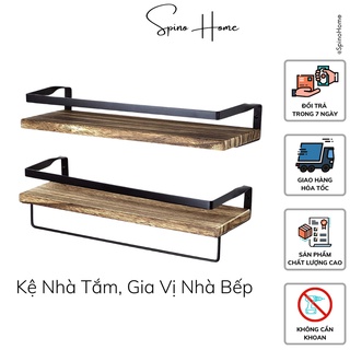 Kệ đựng gia vị nhà bếp dán tường phong cách vintage, Kệ để đồ nhà tắm không cần khoan có móc phơi khăn gỗ thông