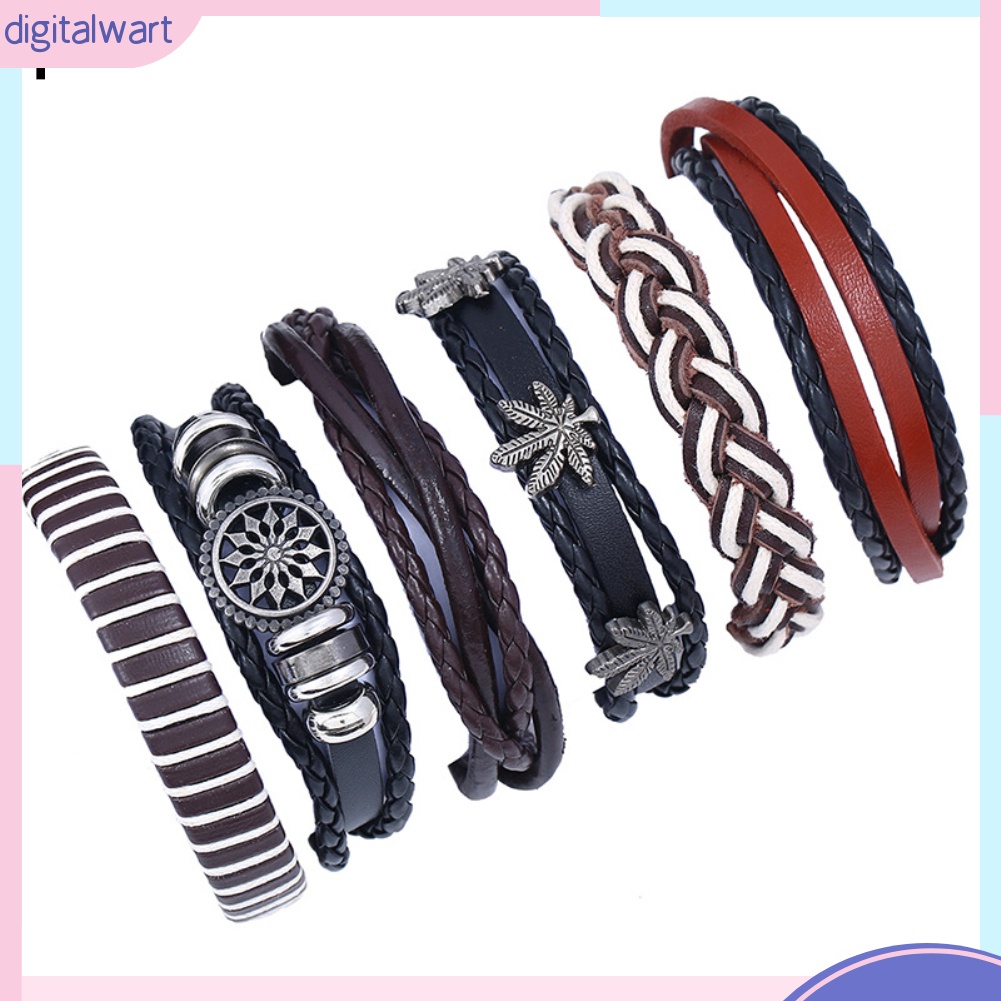 Set 6 vòng đeo tay da giả và dây bện phong cách retro thời trang dành cho nam