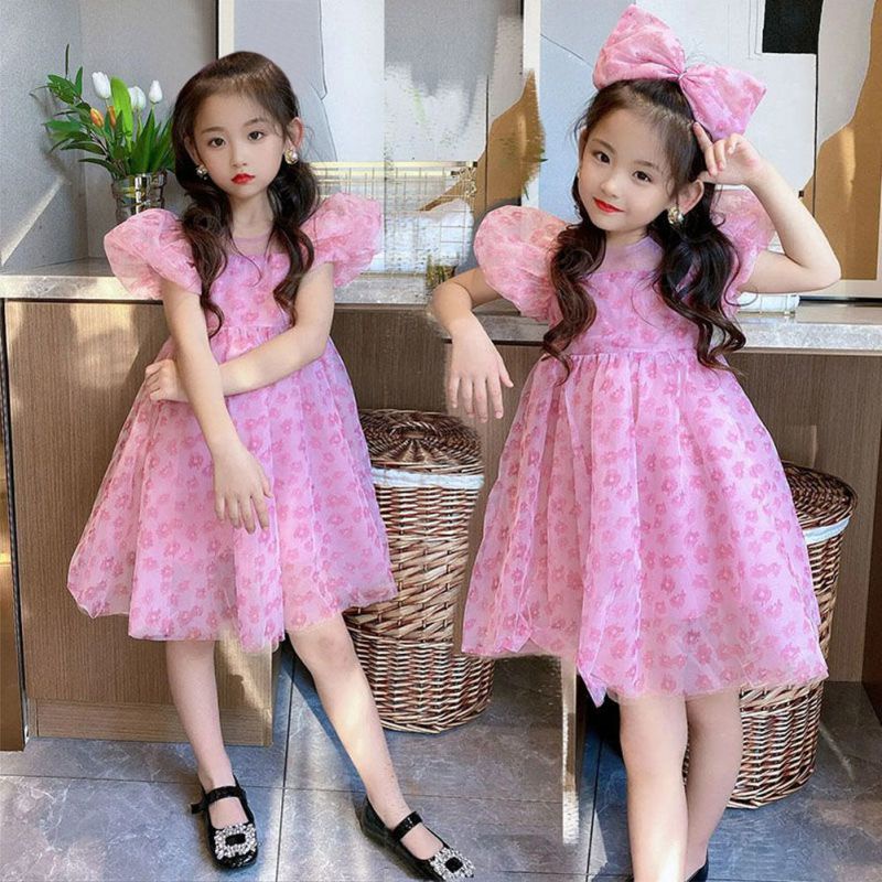 Đầm Công Chúa Tay Ngắn Phối Lưới Se7en Cho Bé Gái