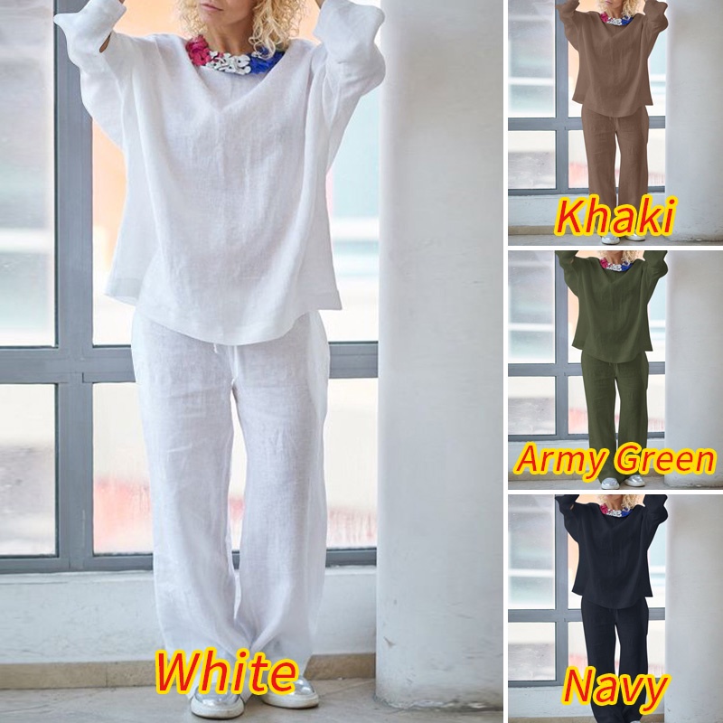 Bộ đồ Zanzea gồm áo dài tay cổ tròn và quần ống rộng thời trang dành cho nữ