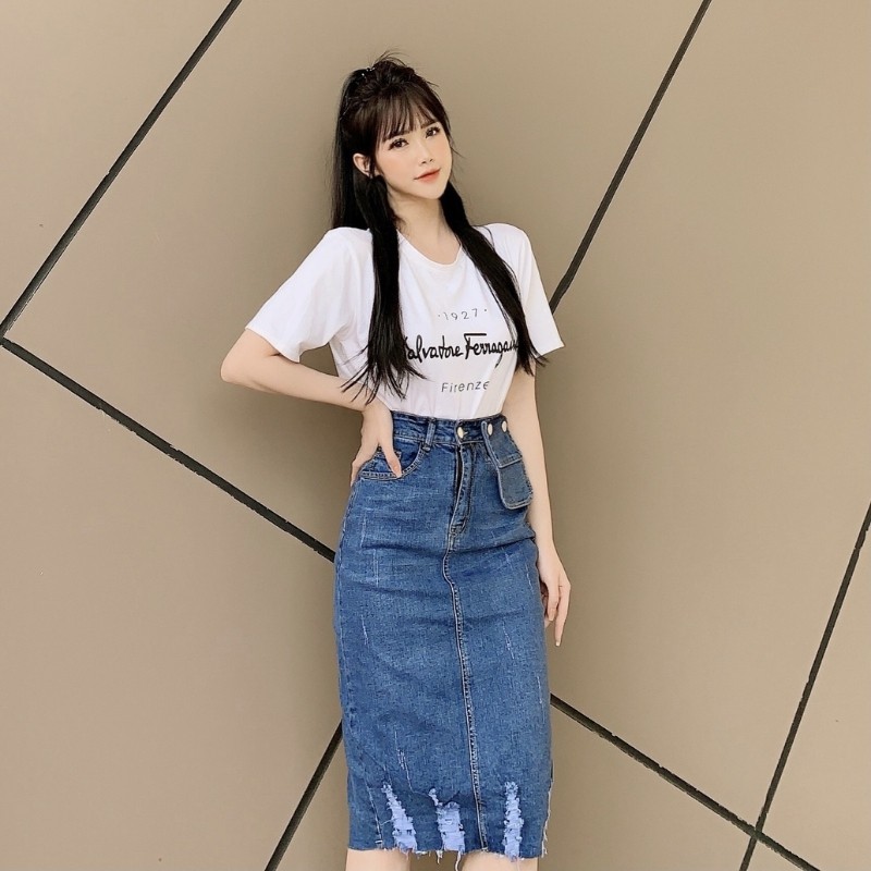 Chân váy jeans bút chì dáng dài lưng cao phong cách Hàn Quốc nữ tính sang chảnh RUBIE JEANS V3157