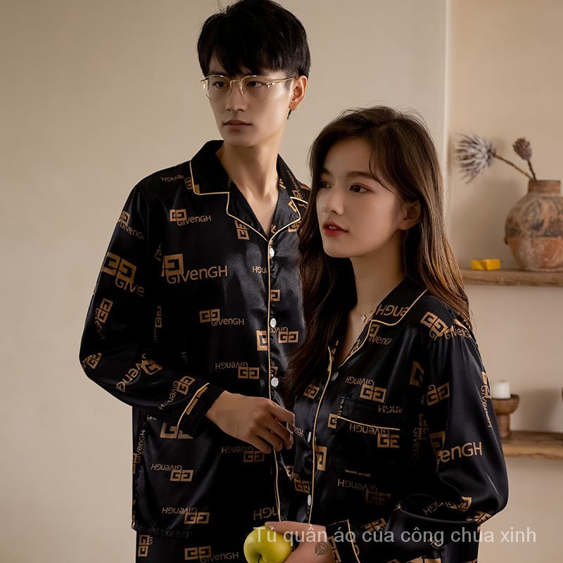 Bộ đồ ngủ tay dài vải lụa mỏng màu đen thời trang sang trọng cho cặp đôi