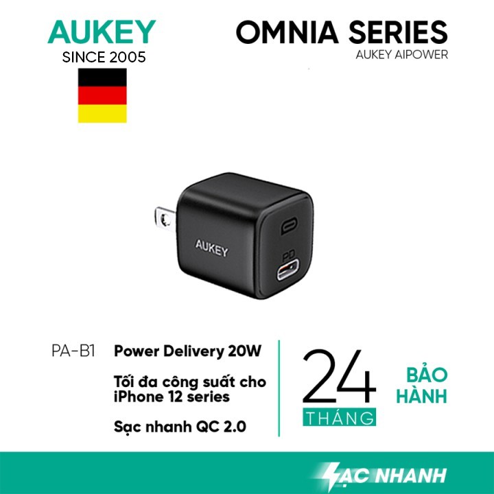 [Mã 2404EL10K giảm 10K đơn 20K] Cốc Sạc Nhanh 20W Omnia Aukey PA-B1, Sạc Nhanh 2 Trong 1 PD 20W + QC 18W-Hàng Chính Hãng