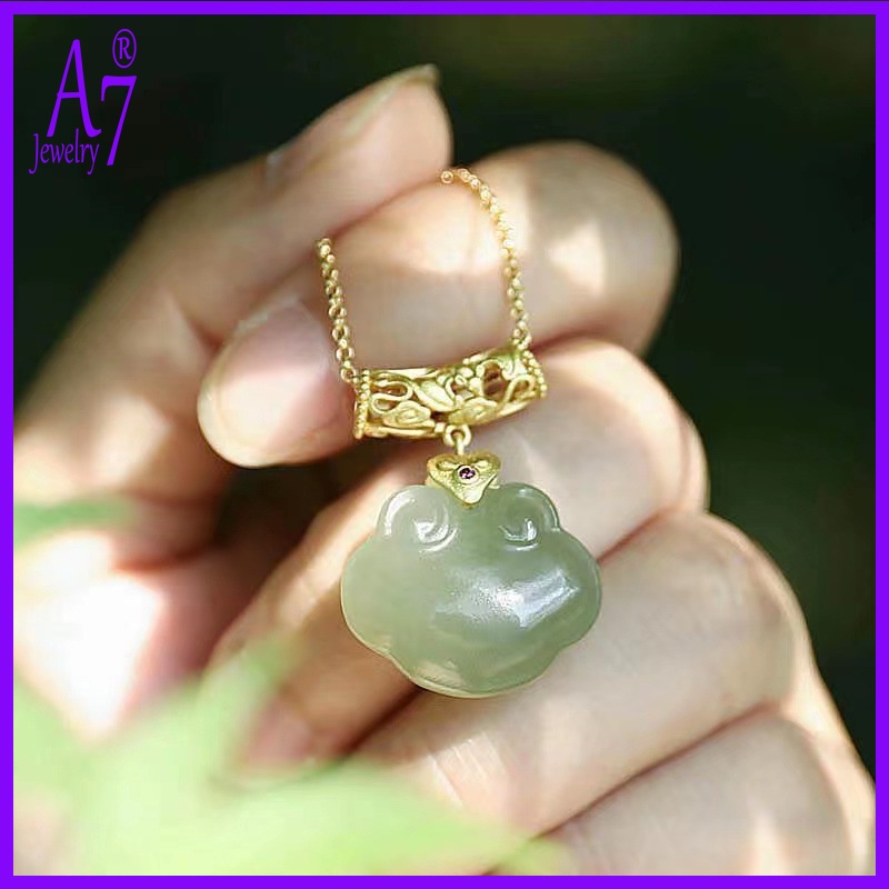 Vòng cổ Bạc S925 Mặt Đá Ngọc Bích Hình Đám Mây Phong Cách Retro Nghệ Thuật Cho Nữ