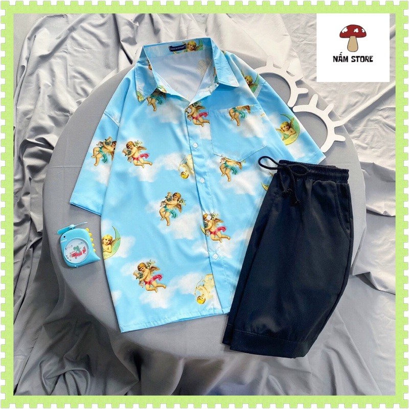 Áo Sơ Mi Cổ Vest Loang Màu Hoạ Tiết THIÊN THẦN ANGEL chất vải lụa cao cấp form unisex nam nữ - Nấm Store