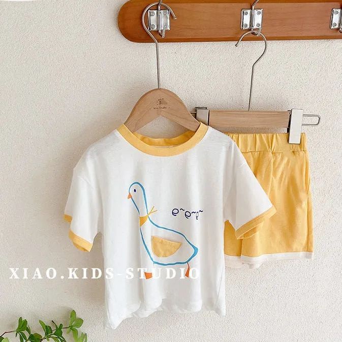 Bộ Áo Thun Cotton Ngắn Tay In Hoạt Hình + Quần Short Thời Trang Mùa Hè Hàn Quốc Dành Cho Bé Trai