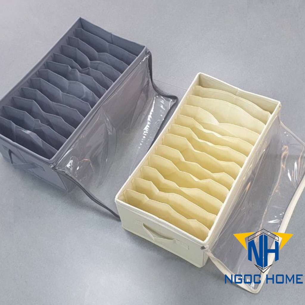Hộp vải đựng quần áo NGỌC HOME hộp để quần áo, khăn tắm, đồ lót có khóa kéo mặt kính ni lông nhiều ngăn tiện ích