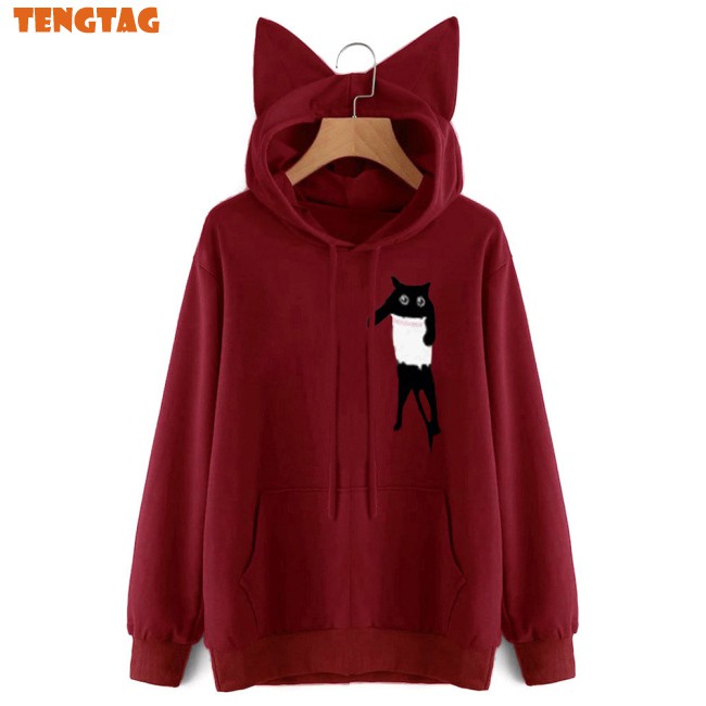 Áo Hoodie Dài Tay Phối Tai Mèo Xinh Xắn Dành Cho Nữ