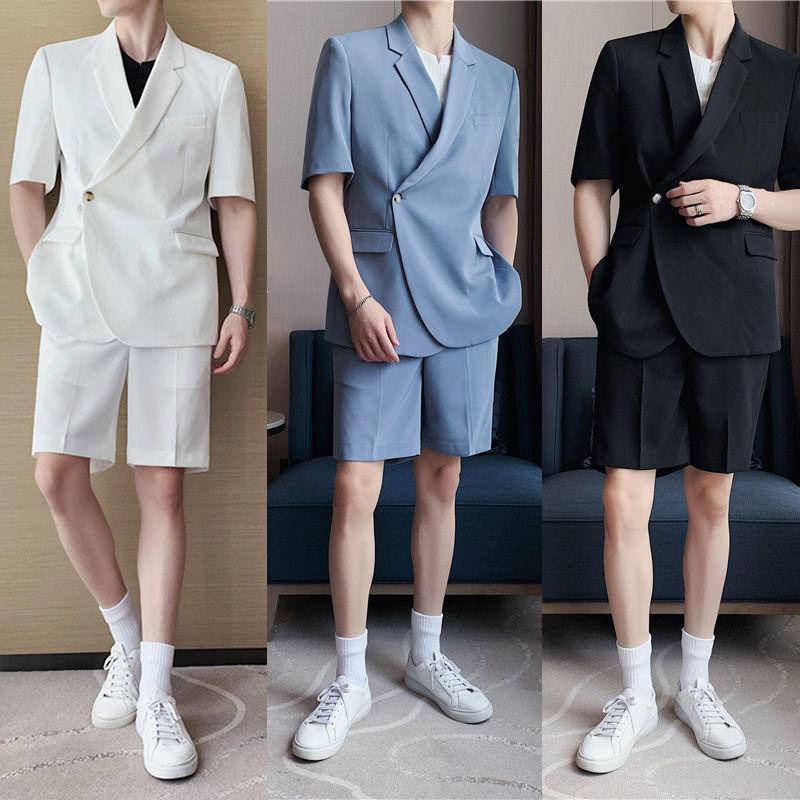 Set Áo Blazer tay ngắn quần short dáng ôm phong cách Hàn Quốc thời trang nam, chất vải cao xu hướng thời trang mùa hè (Áo khoác blazer+Quần short)