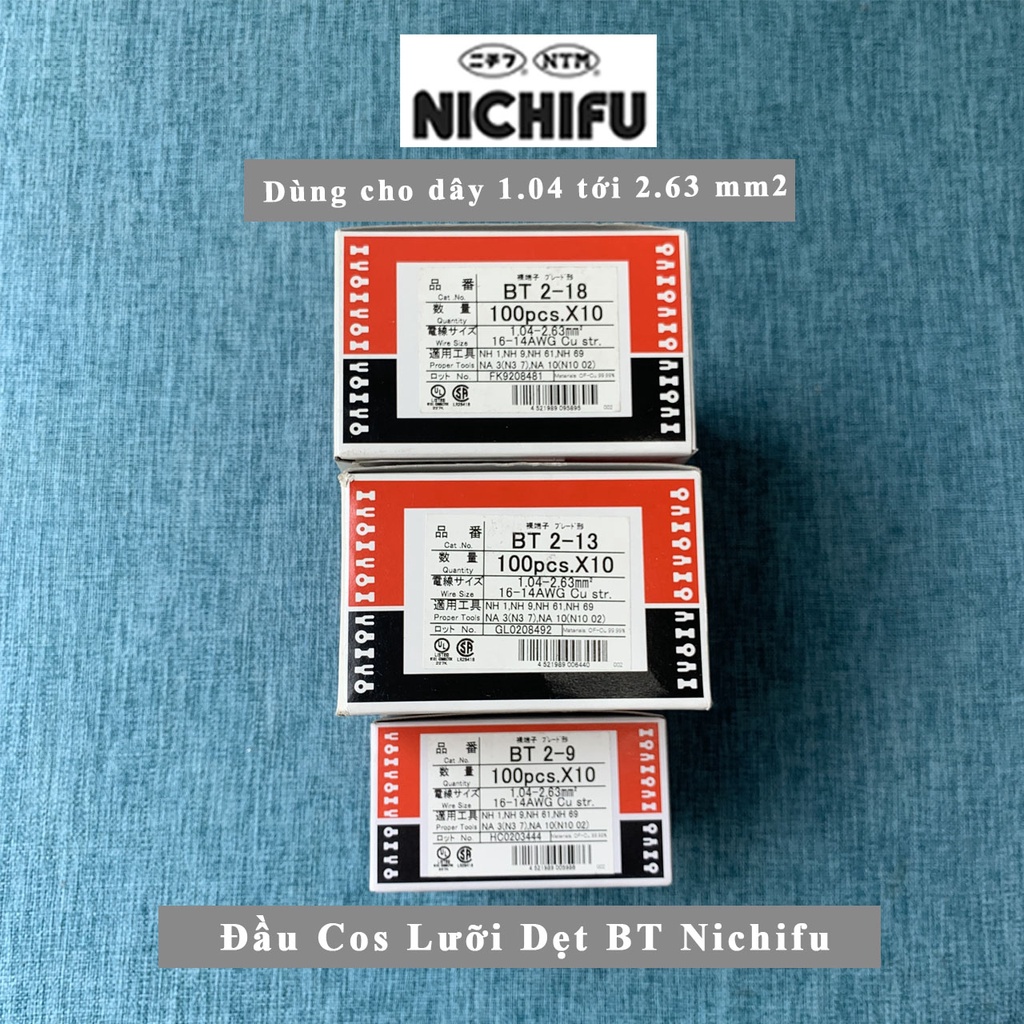 Đầu cos BT2 Nichifu Nhật Bản- Đầu cốt BT dạng lưỡi dẹt loại trần- Đầu cosse cho dây 1.04 tới 2.63mm2 BT2-9 BT2-13 BT2-18