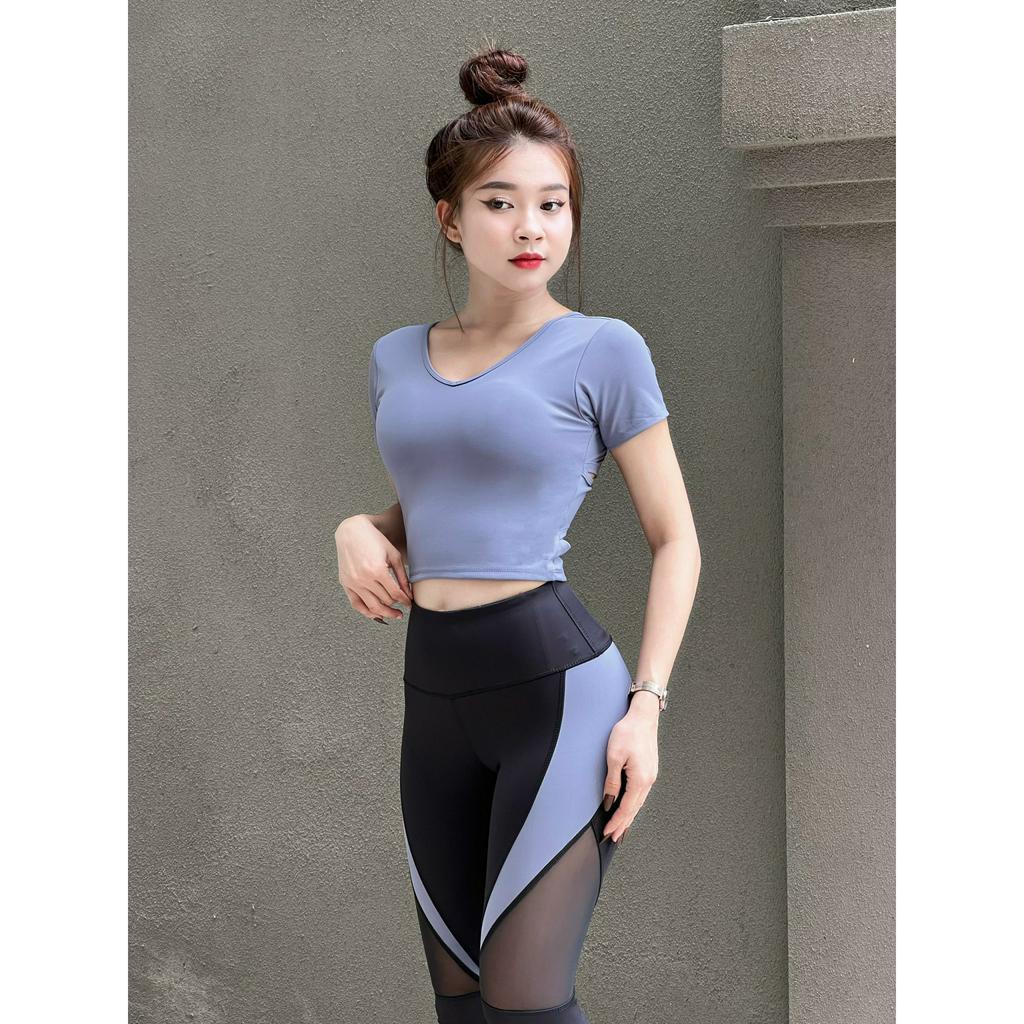 Bộ Thể Thao Nữ Quần Dài Phối Lưới Kèm Áo Croptop Lưng Đắp Chéo Tập Gym Yoga