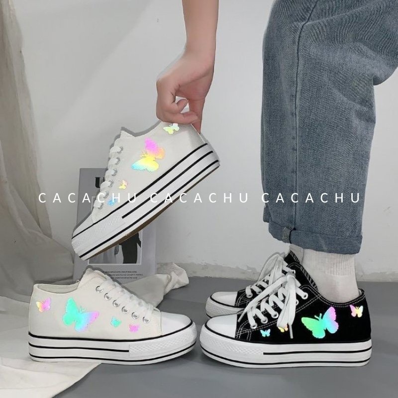 Giày thể thao nữ sneaker Cv đẹp độn đế in hình butterfly phản quang hot trend 2021 CACACHU G010, đế cao 5cm thời trang