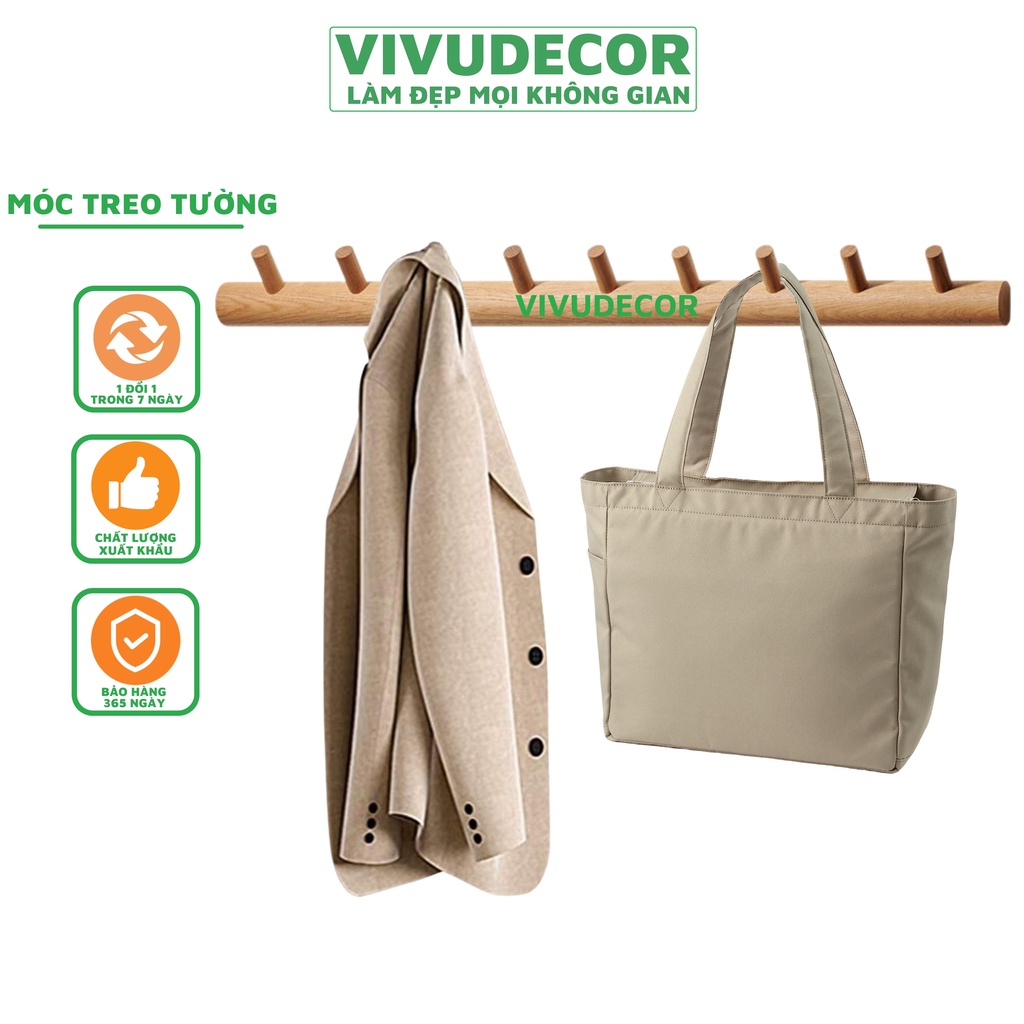 Móc treo quần áo Vivudecor 100% gỗ tự nhiên - móc treo tường trong nhà tắm, nhà bếp, cánh cửa tiện ích sang trọng