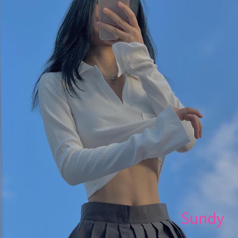 Áo Croptop Tay Dài Có Túi Phong Cách Hàn Quốc