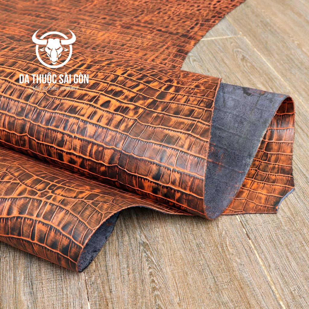 10 Pia da bò dập vân cá sấu wax phấn màu cam thương hiệu Da Thuộc Sài Gòn - Bán da bò làm đồ handmade