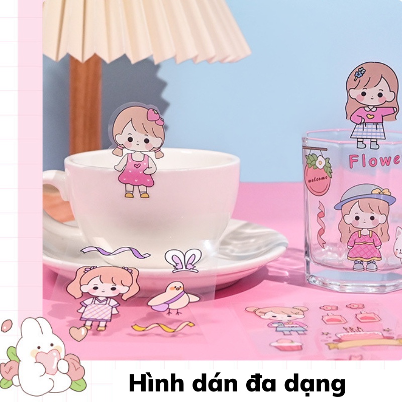 Hộp 100 Tấm Sticker Dán Trong Suốt Hộp Quà Tặng Băng Dính Washi Tape Trang Trí Cô Gái Dễ Thương