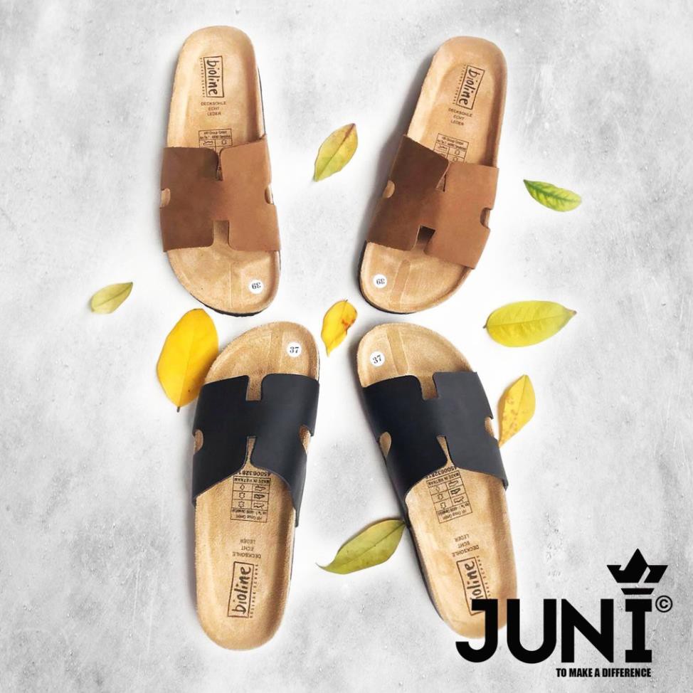 [DA BÒ THẬT] D04-Dép da chữ H Birken Bioline Unisex (Đế trấu) - Juni Store