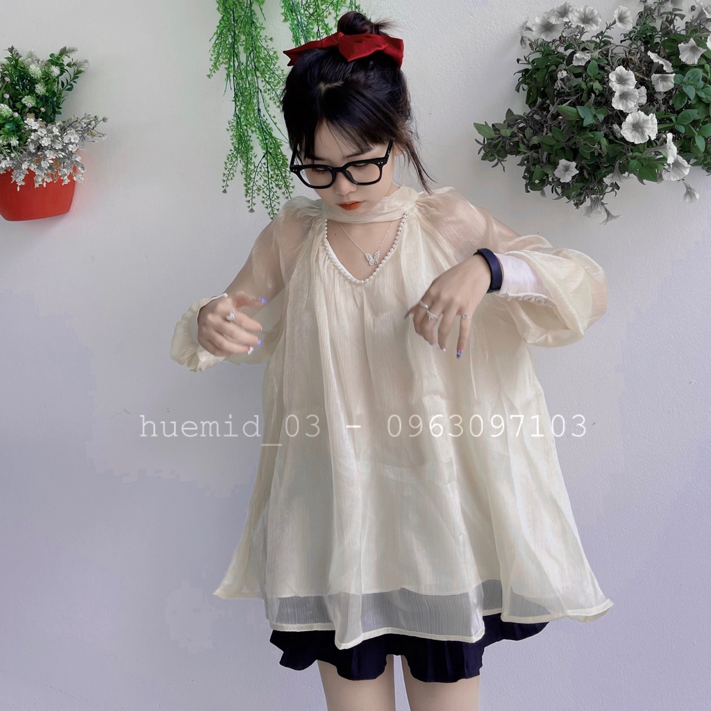 áo cổ ngọc, cổ V đính ngọc sang chảnh tiểu thư, tay áo bồng bềnh đính khuy | BigBuy360 - bigbuy360.vn