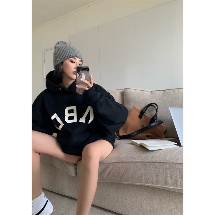 COZOK Áo Hoodie tay dài form rộng theo phong cách retro Hàn Quốc