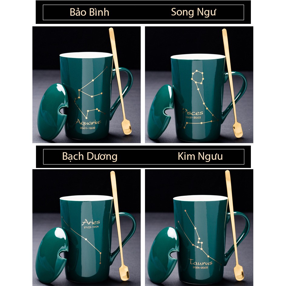 Ly cốc sứ xanh ngọc 12 cung hoàng đạo dung tich 450ml có nắp đậy, tặng kèm thìa dùng để pha trà, cafe - Ráp