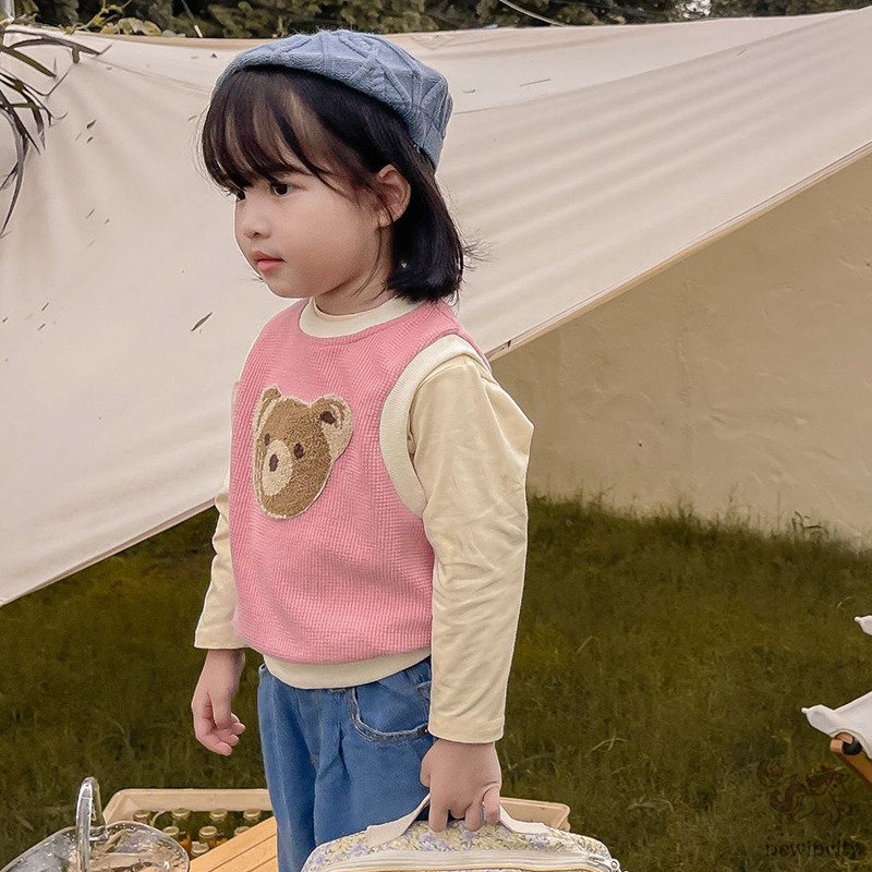 Áo kiểu sát nách thêu họa tiết gấu hoạt hình phong cách Hàn Quốc xinh xắn dành cho bé gái