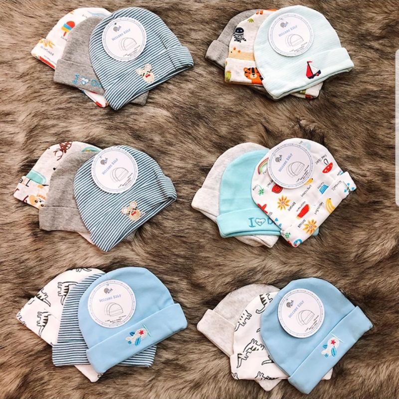Set 3 Chiếc Mũ Nỉ Cotton 2 Lớp Nhiều Mẫu Cho Bé 0-6 Tháng