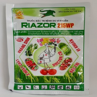 Thuốc trừ bệnh Riazor 215WP 100G Đặc hiệu phòng trừ các bệnh cây trồng như: Cháy bìa lá, đốm sọc vi khuẩn.