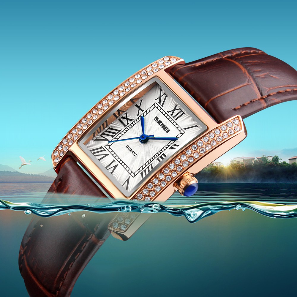ĐỒNG HỒ NỮ SKMEI 1281 DÂY DA CAO CẤP, MẶT CHỮ NHẬT ĐÍNH ĐÁ Bán lẻ giá sỉ
