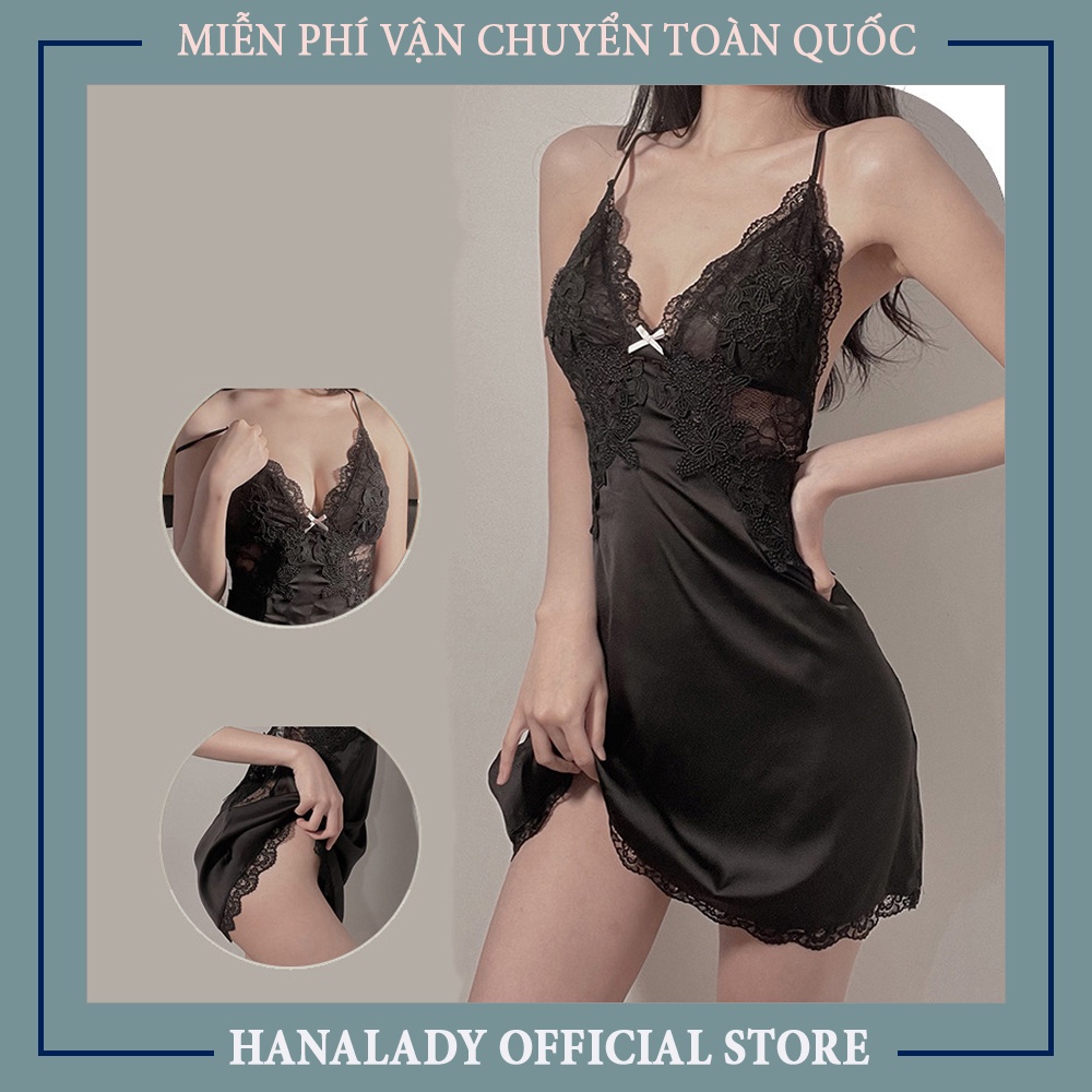 Váy ngủ lụa đầm ngủ phối ren hoa quyến rũ cao cấp HanaLadyStore V508