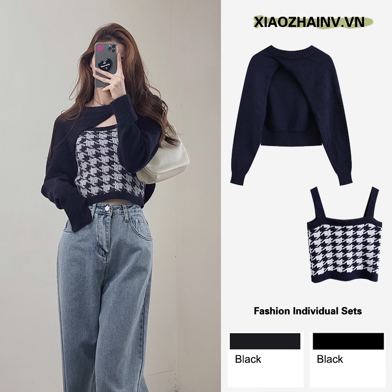 Xiaozhainv  Áo len hai dây họa tiết sọc caro phong cách retro Hàn Quốc cho nữ