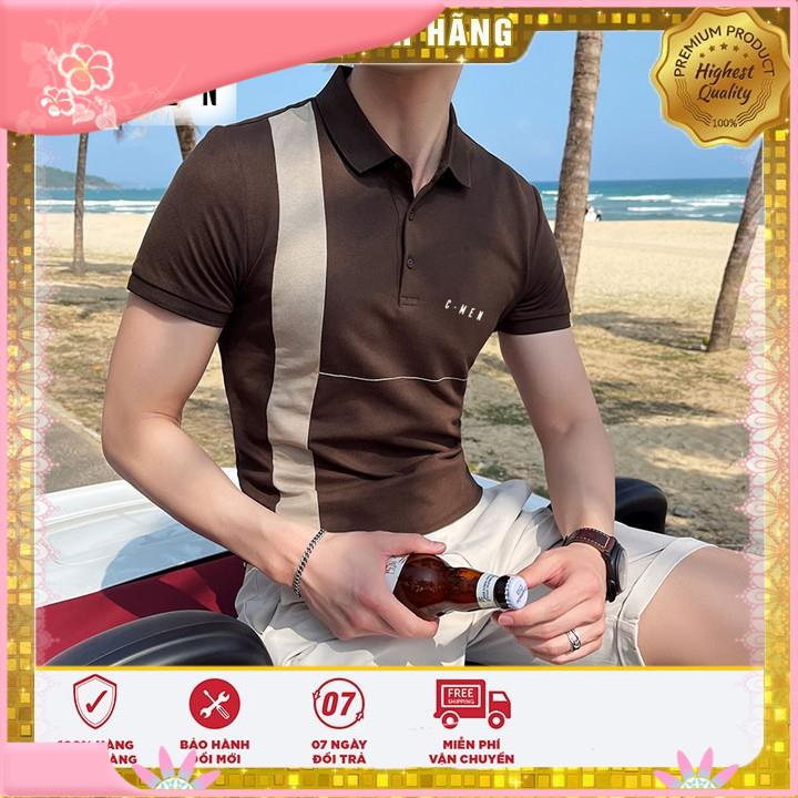 【Hàng sẵn sàng】 Áo thun, Áo Polo, áo phông nam cổ bẻ ngắn tay phối kẻ dọc thân áo C Men cotton cao cấp