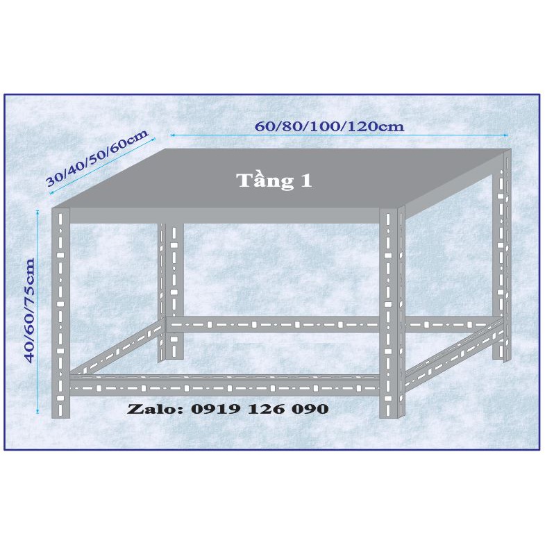 Kệ sắt V lỗ V40.01 . Gồm 1 tầng mâm. Đầy đủ Ốc-Ke-Đế nhựa. Thép V3x3, dày 1.5ly
