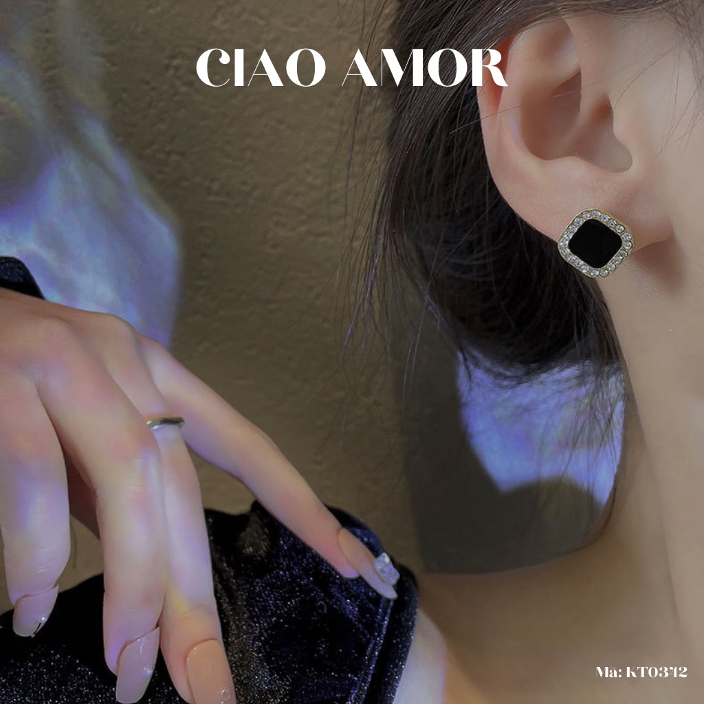 Khuyên tai nữ, Bông tai nữ nụ bạc 925 vuông bo vòng đen đính đá viền Trang sức Ciao Amor - KT0342