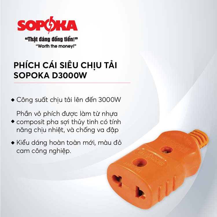 Phích cái siêu chịu tải SOPOKA D3000W có dây 3m,5m chịu nhiệt, an toàn