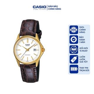Đồng hồ nữ casio ltp-1183q-7adf, đồng hồ chính hãng, dây nâu mặt trắng viền vàng