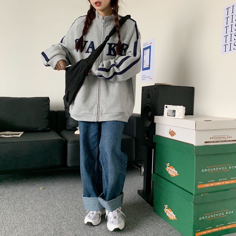 Áo Khoác Thể Thao Dáng Rộng In Chữ Đơn Giản Kiểu Hàn Quốc Thời Trang Mùa Thu 2022