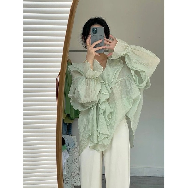 Áo Sơ Mi Tay Phồng Cổ Chữ V Dáng Rộng Phong Cách Phương Tây Thời Trang Cho Nữ